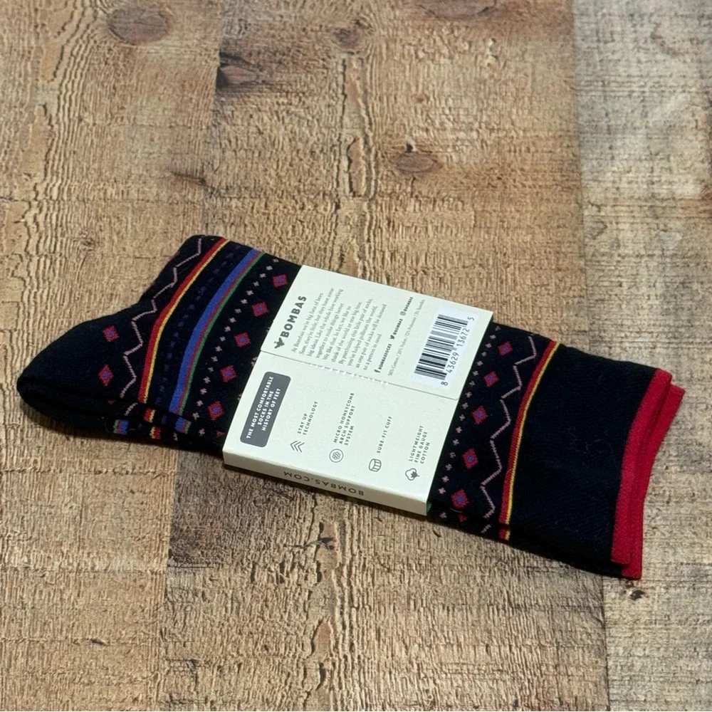 Bombas Black With Multicolor Geometric Lines Crew Socks Size Medium
